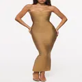 Elegant olive green gold strapless bandage maxi dress featuring a sweetheart neckline. - S / Tops / Sparkly Khaki