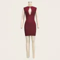 Detail view of burgundy sleeveless keyhole bandage dress with textured ribbing - S / Dresses / Burgundy