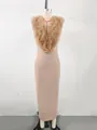 Close-up of elegant pink bandage maxi dress featuring a large ruffled tulle collar. - Dark Apricot