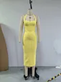 Elegant yellow bodycon halter bandage dress featuring a sweetheart neckline and midi length fit - S / Top And Bottom / Bright yellow