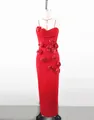 Detailed view of red slim-fit evening dress with 3D rose flower decorations - S / Tops / Red