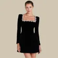 Elegant black velvet mini dress with rhinestone floral square neckline and long sleeves - XL / French Rhinestone Dress (39147) / Black