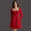 Elegant red long-sleeve dress with French square neck and rhinestone floral neckline - XL / French Rhinestone Dress (39147) / Red