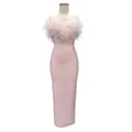Elegant pink evening gown featuring luxury ostrich feather trim and a bodycon bandage fit. - S / Top And Bottom / Pink