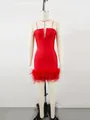 Rotes tiefes V-Ausschnitt Bandage-Minikleid mit luxuriösem Straußenfeder-Saum - XS / Oberteil Und Unterteil / Rot
