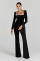 Elegant black velvet jumpsuit with crystal-embellished square neck and flared pants detail - XS / Tops / Black
