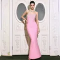 Elegant pink strapless mermaid bandage dress with pearl details for evening events - S / Top And Bottom / Pink