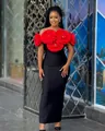 Detailed view of elegant black bandage dress featuring 3D red rose floral bodice - S / Black Body With Red Flowers