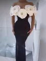 Elegant black bandage gown with 3D white floral neckline and rhinestone details - S / Black Body With White Flowers