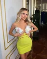 Detail of a lime yellow bandage party dress with mesh top and white floral appliques. - S / 3D Floral Bandage Dress / Fluorescent Green