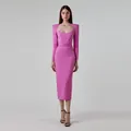 Elegant pink long sleeve midi dress with structured shoulders and square neck - XS / Tops / Rose Red
