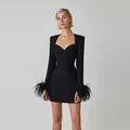 Elegant black square neck bandage mini dress with long sleeves and ostrich feather cuffs - S / Top And Bottom / Black