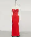 Elegant red bandage mermaid evening dress with intricate white pearl bodice embellishments - S / Top And Bottom / Red