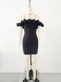 Detail view of a black off-shoulder bandage mini dress with elegant 3D floral decorations - S / Top And Bottom / Black
