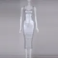 Detailed front view of a metallic silver bodycon bandage dress with sweetheart neckline - Silver