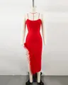 Close-up of elegant red midi dress featuring luxurious ostrich feather trim - S / Red