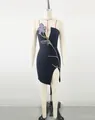 Detailed view of a strapless black dress with floral rhinestone patterns and a side slit. - S / Dresses / Black