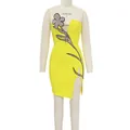 Strapless yellow evening dress with rhinestone flower detail and high side split - S / Dresses / Yellow