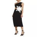 Elegant one-shoulder black midi dress with cut-out waist and white flower decoration - S / Cut-out Glitter Flower Style (39097) / Black