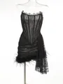Detailed view of sexy black lace corset dress with feather trim and side drape - XS / Top And Bottom / Black