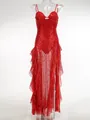 Vestido de noche rojo con lentejuelas, abertura alta y escote en V profundo, sexy - XS / Tops / Rojo Ladrillo