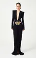Elegant black floor-length gown with deep V-neck and ornate insect embellishment - XS / Top And Bottom / Black