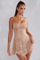Detailed view of nude sheer mini dress with sparkling rhinestone embellishments - XS / Dresses / Nude