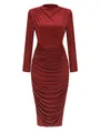 Elegante vestido de noche rojo vino de manga larga fruncido con pedrería brillante - S / Top Y Pantalón / Rojo Oscuro