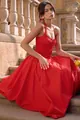 Elegante vestido largo rojo con cuello halter y corpiño fruncido con falda amplia - XS / Rojo