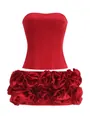 Detalle del conjunto de top corsé rojo sin tirantes y minifalda con flores 3D roja - XS / Top Y Pantalón / Rojo