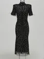 Elegant black fishtail evening dress featuring sparkling rhinestones and a high neck design - XS / Tops / Black