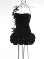 Detailed view of an elegant black strapless dress with ruffled floral hem and 3D accents - XS / One-piece Style / Velvet Black