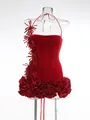 Elegant red cocktail mini dress featuring 3D floral hem and luxurious velvet texture - XS / One-piece Style / Velvet Red