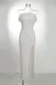 Elegantes weißes trägerloses Pailletten-Maxikleid mit Federbesatz und hohem Seitenschlitz. - XS / Weiß