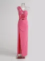 Detailed front view of a pink one-shoulder twisted gown featuring a ruched bodice and high slit - XS / Top And Bottom / Rose Pink