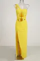 Yellow one-shoulder evening gown with sexy cut-out details and ruched high-slit design - XS / Top And Bottom / Yellow