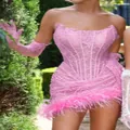 Pink lace corset dress with feather trim and matching gloves for elegant party wear - XS / Top And Bottom / Pink Purple