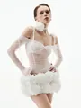 Elegante conjunto blanco de dos piezas con top transparente y falda globo flores 3D. - XS / Top Y Pantalón / Blanco