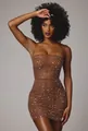 Vestido tubo sexy de malla marrón con intrincados adornos de diamantes plateados - XS / Bottoms / Café
