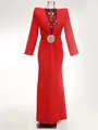Elegant red deep V-neck long-sleeve maxi dress with pleated waist and crystal brooch - XS / Top And Bottom / Red