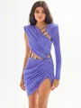 Detail showing the sexy purple one-shoulder cutout ruched bodycon evening party dress - XS / Purple