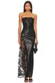 Elegant black faux leather tube midi dress featuring a floral lace side panel detail - XS / Top And Bottom / Black