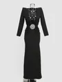 Detailed front view of black long-sleeved deep V evening gown with crystal flower decoration - XS / Top And Bottom / Black