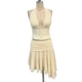 Elegante conjunto de dos piezas crema con top halter y falda de tul plisada - XS / Top Y Pantalón / Blanco Roto