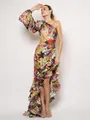 Vestido asimétrico con estampado tropical, hombro descubierto y volantes de verano - XS / Oro Claro Tropical Cebra