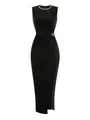 Elegant black velvet sleeveless midi dress with gold chain neckline and side cutout - XS / Top And Bottom / 1 Piece / Black