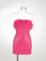 Vista detallada del vestido rosa de lentejuelas con adorno de plumas de avestruz - XS / Top Y Pantalón / Rosa rojo