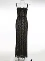 Elegante vestido de noche ajustado de encaje negro con detalles de malla calada - XS / Bottoms / Negro
