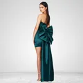 Emerald green strapless mini dress featuring a detachable oversized bow decoration. - XS / Dark Green