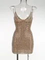 Champagne bodycon mini dress with silver grid rhinestone pattern on clear mannequin - XS / Top And Bottom / Nude